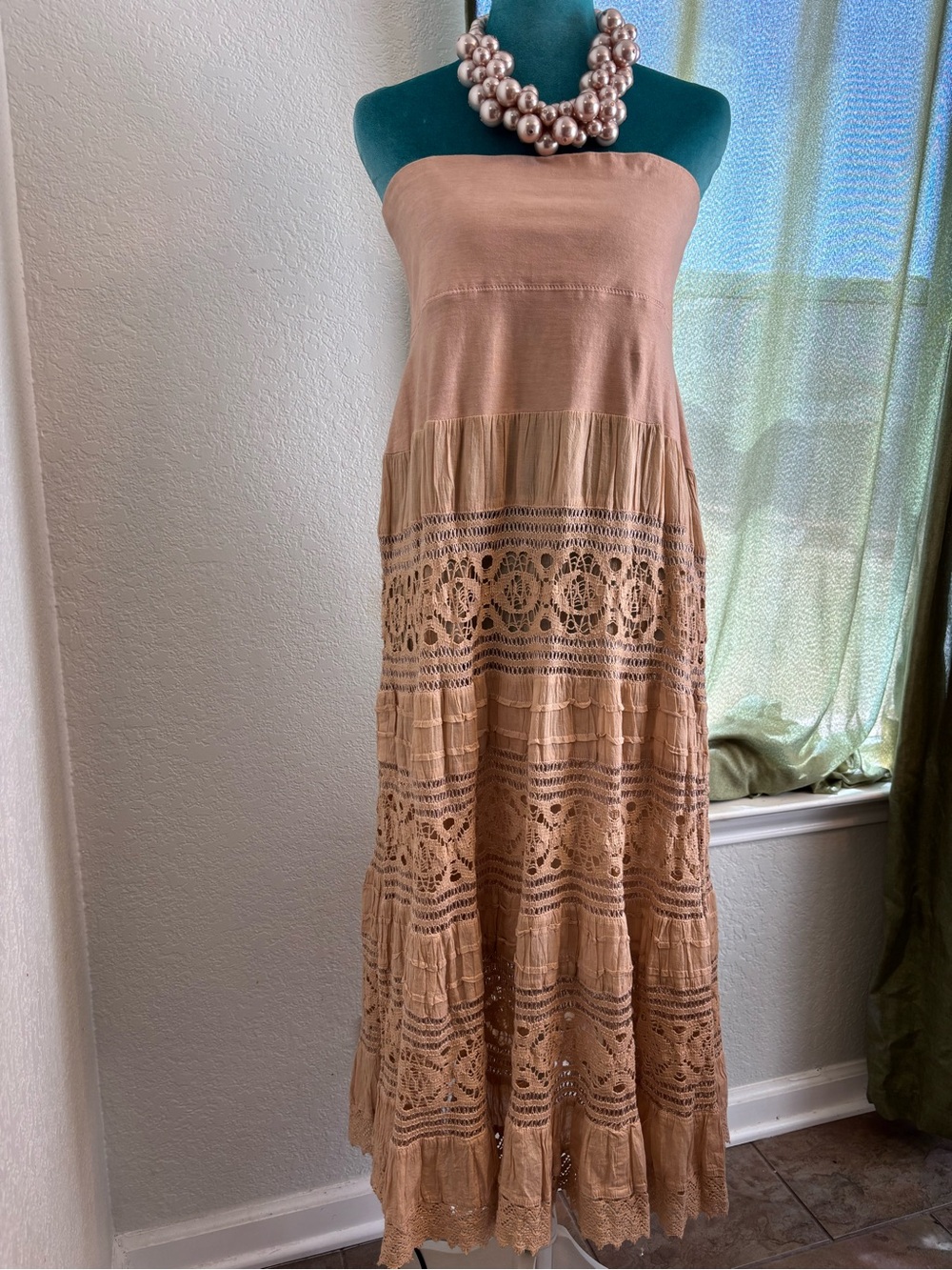 Now & Then Strapless Crochet Tiered Maxi Dress in Beige size Large
